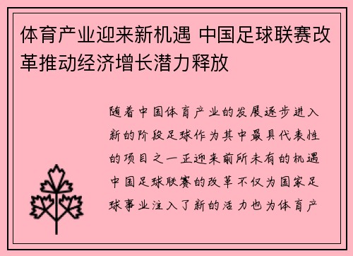 体育产业迎来新机遇 中国足球联赛改革推动经济增长潜力释放