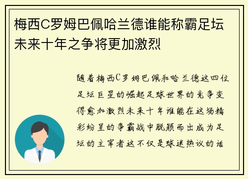 梅西C罗姆巴佩哈兰德谁能称霸足坛 未来十年之争将更加激烈