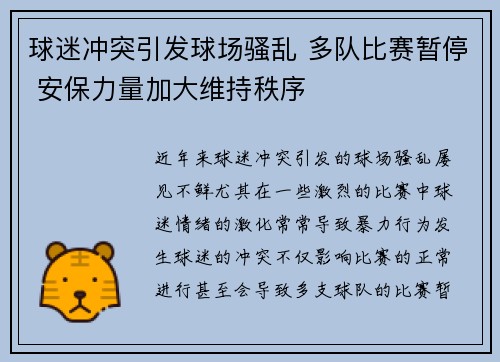 球迷冲突引发球场骚乱 多队比赛暂停 安保力量加大维持秩序
