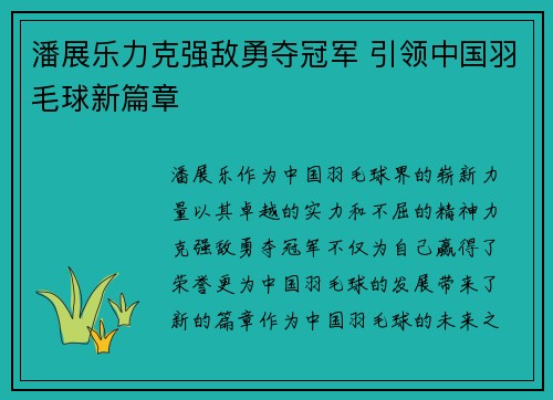 潘展乐力克强敌勇夺冠军 引领中国羽毛球新篇章