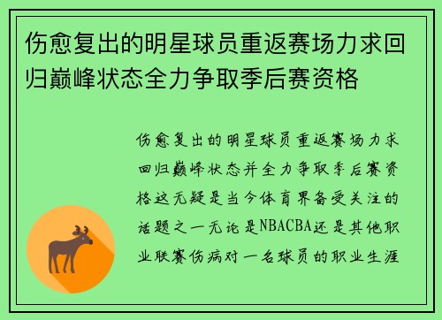 伤愈复出的明星球员重返赛场力求回归巅峰状态全力争取季后赛资格