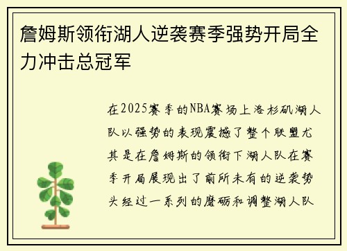 詹姆斯领衔湖人逆袭赛季强势开局全力冲击总冠军
